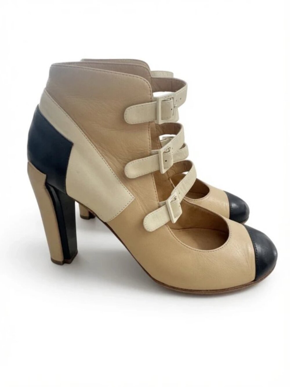 Chanel Cream & Navy Cap-Toe Leather Buckle Boots EU 40 US 10
